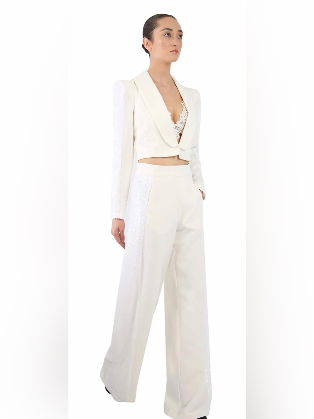Kyle x Shahida White Sequin Silk Wide Leg Pants